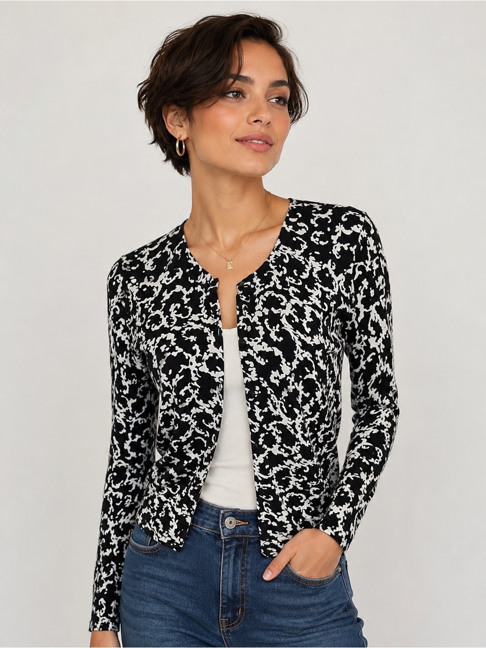 Merona Black and White Patterned Women's Cardigan Size M